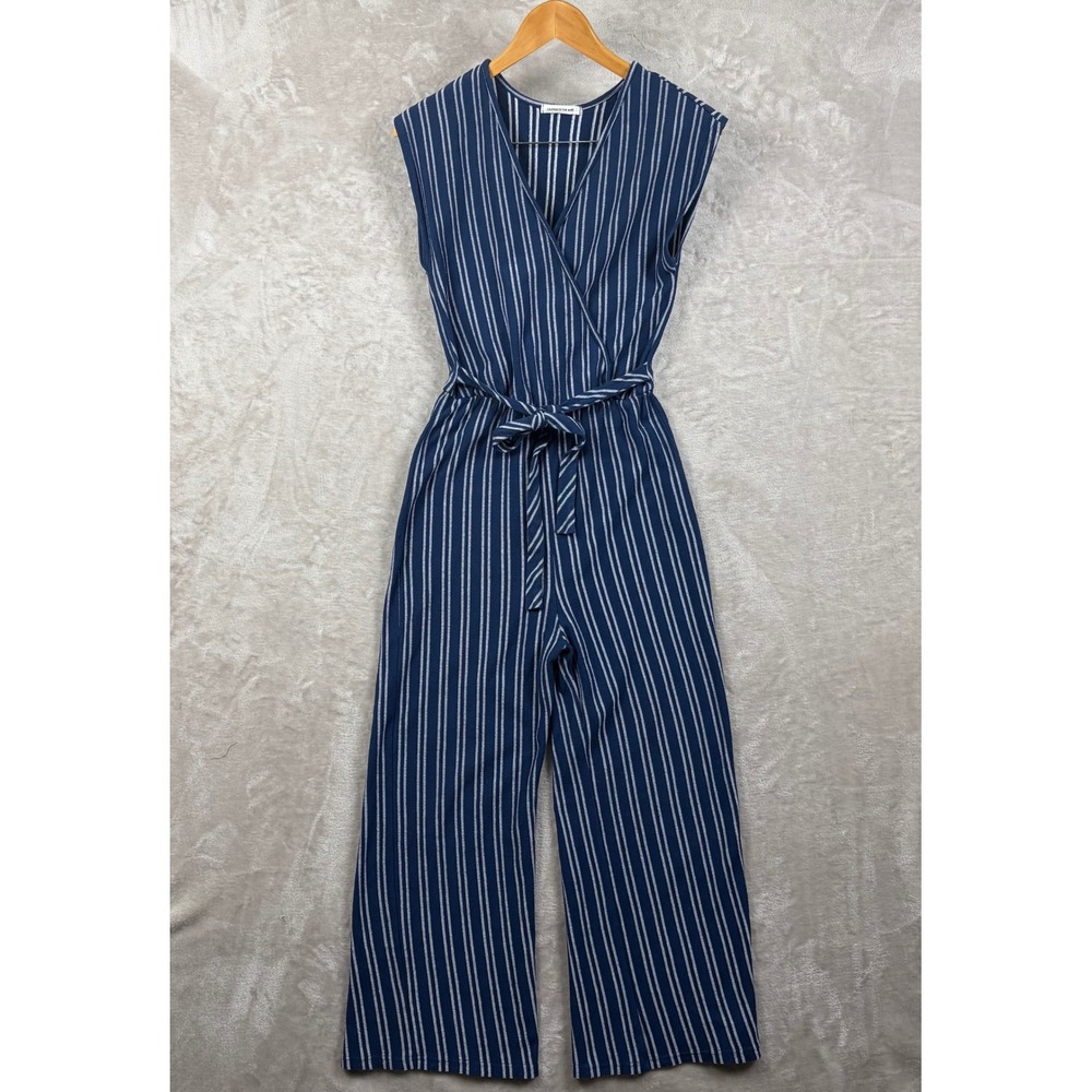 Caution to the Wind Jumpsuit M Blue White Striped Sleeveless Wrap Wide Leg Crop